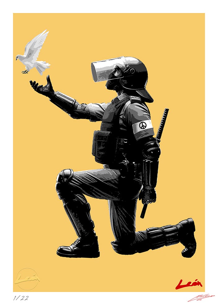 Alberto Leon art, poster of the soldier with white peace dove